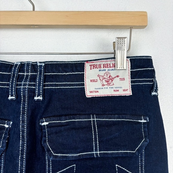 NWT True Religion Dark Wash Contrast Stitch Denim Cargo Slitted Maxi Skirt Sz 26 - Picture 8 of 11